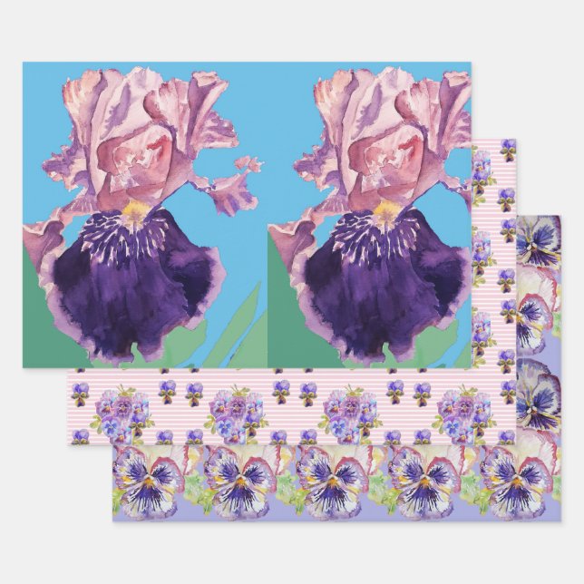 Purple Iris Irises flower Watercolor Painting Wrapping Paper Sheet (Set)
