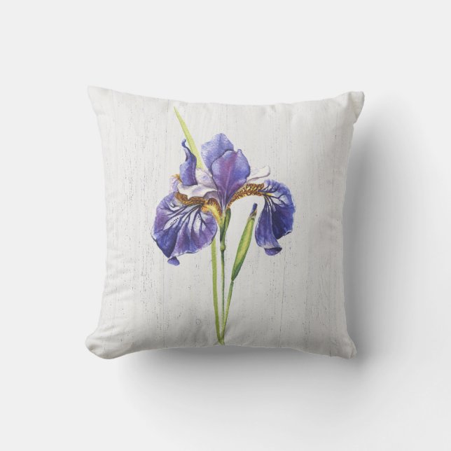 Purple Iris On Whitewashed Wood   Throw Pillow (Front)