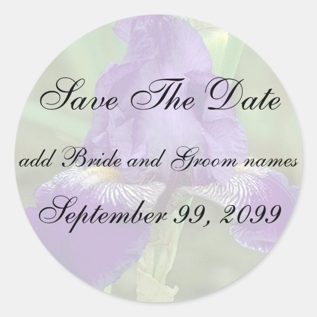Purple Iris Save The Date Reminder Stickers (Front)