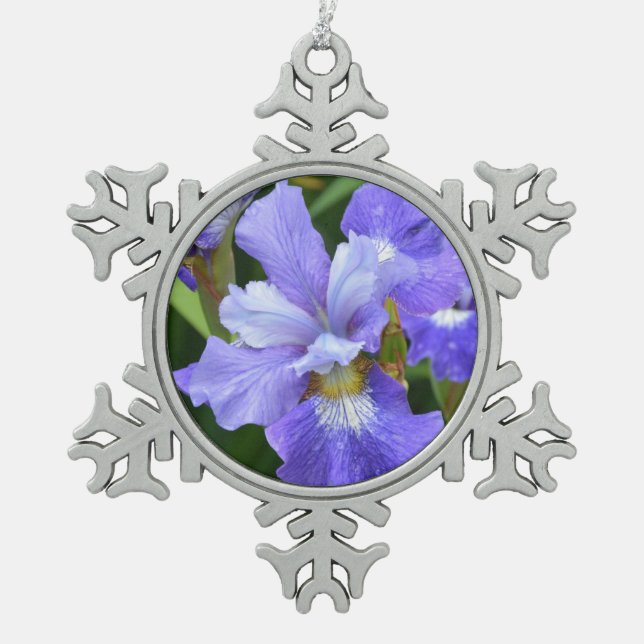Purple iris snowflake pewter christmas ornament (Front)