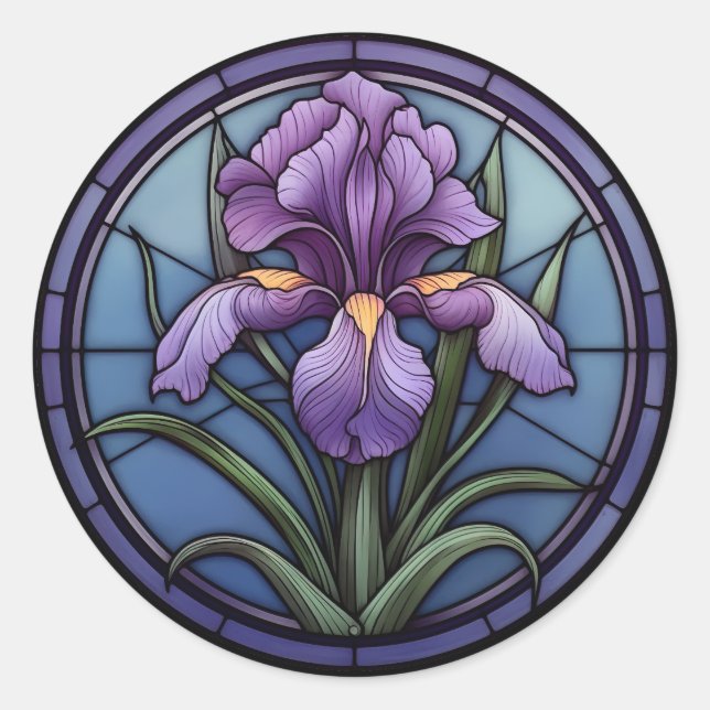 Purple Iris Stained Glass Classic Round Sticker (Front)