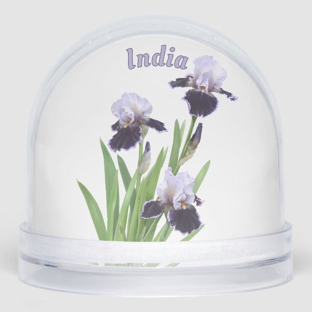 Purple Iris Trio Botanical Floral Art Personalized Snowglobe (Front)