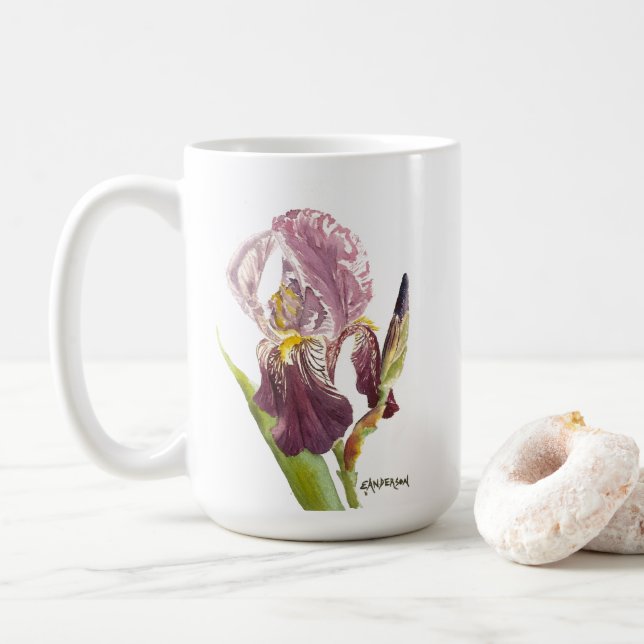 Purple Iris watercolor flower and saying Coffee Mug (With Donut)
