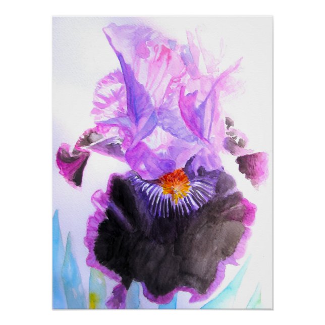 Purple Iris Watercolor Flower Floral Birthday Poster (Front)