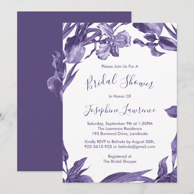 Purple Iris Watercolor Flowers Bridal Shower Invitation (Front/Back)