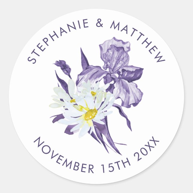Purple Iris White Daisy Botanical Wedding Classic  Round Sticker (Front)