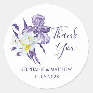 Purple Iris White Daisy Botanical Wedding Thanks Classic Round Sticker