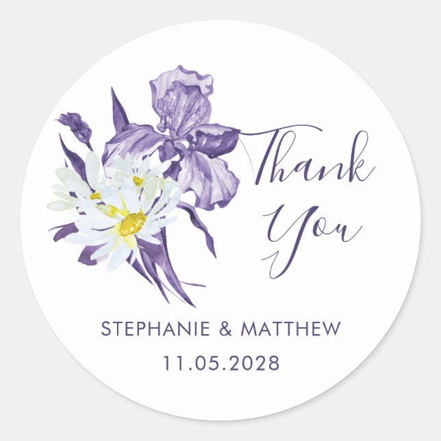 Purple Iris White Daisy Botanical Wedding Thanks Classic Round Sticker (Front)