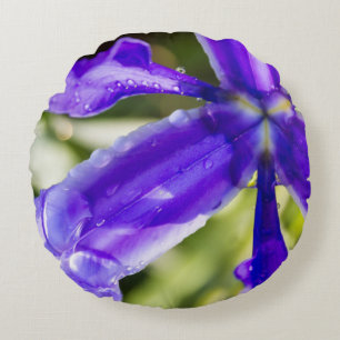 Purple Iris with Raindrops Round Pillow