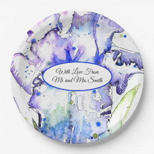 Purple Irise Watercolor Irises Blue Wedding Paper Plate