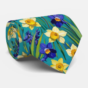 Purple Irises And Yellow Daffodils Teal Floral Tie