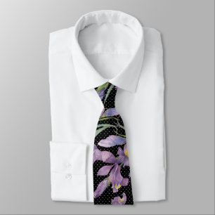 Purple Irises Botanical Black White Polka Dots Tie