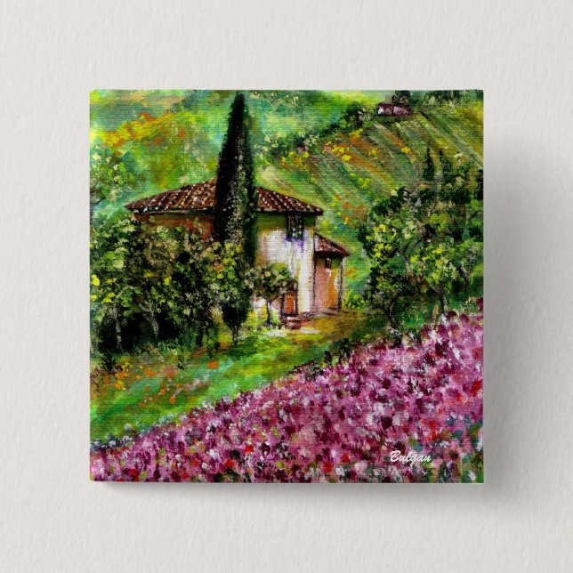 PURPLE IRISES IN GREEN TUSCANY LANDSCAPE 2 INCH SQUARE BUTTON (Front)