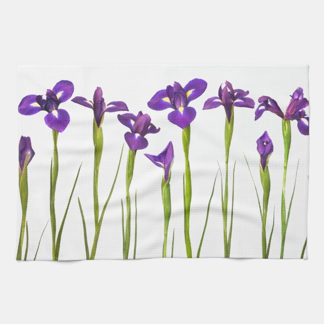Purple irises isolated on a white background kitchen towel (Horizontal)