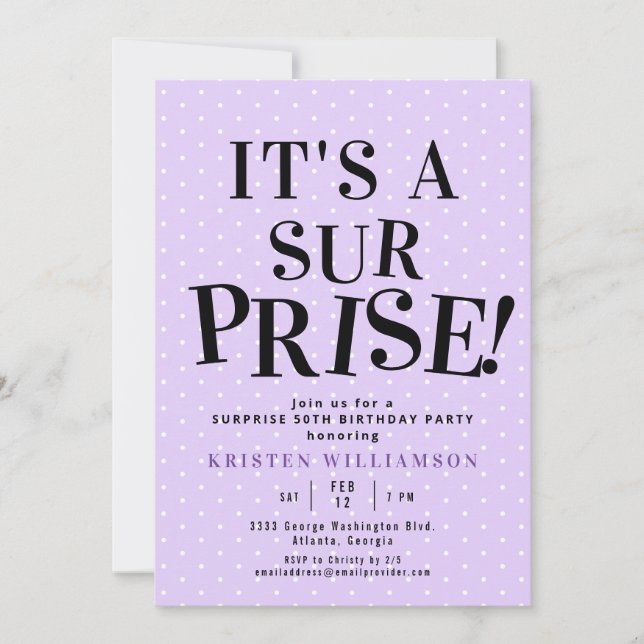 Purple It's a Surprise 50th Birthday Invitation (Front)