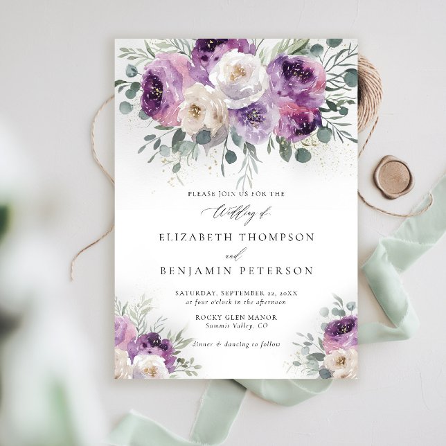 Purple Ivory Floral Eucalyptus Elegant Wedding Invitation (rustic purple wedding invitation watercolor elegant floral eucalyptus lavender mauve barn ranch)