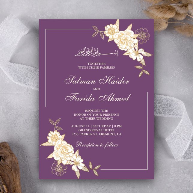 Purple Ivory Floral Leaves Branch Muslim Wedding Invitation (Creator Uploaded)