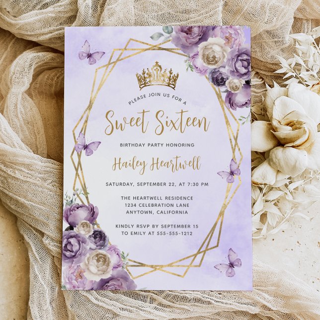 Purple Ivory Gold Geometric Floral Sweet 16 Party Invitation (Creator Uploaded)