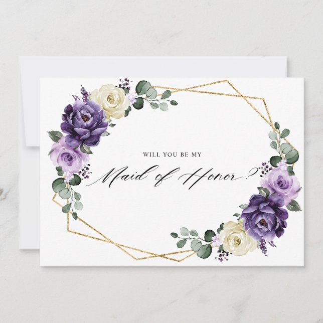 Purple Ivory Gold Will you be my Maid of honour Invitation (Front)