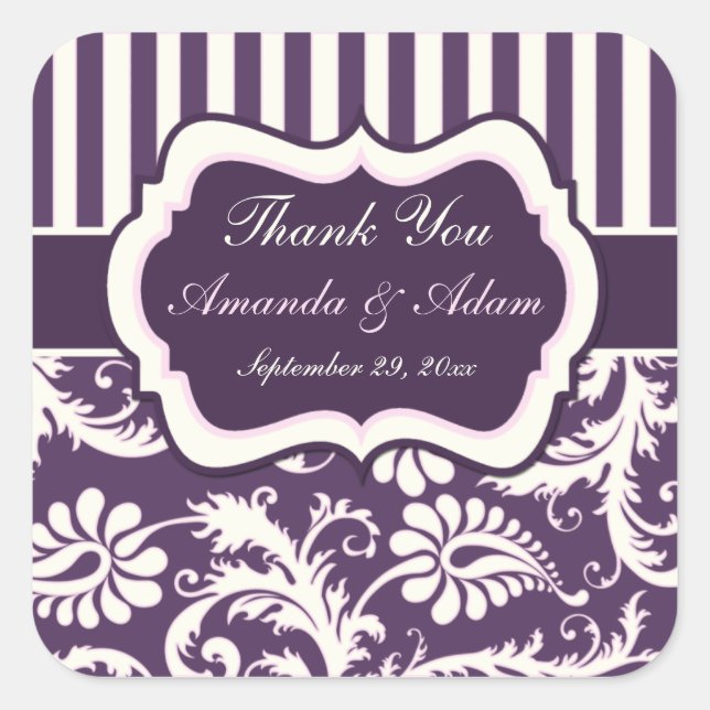 Purple, Ivory, Pink Striped Damask Wedding Sticker (Front)