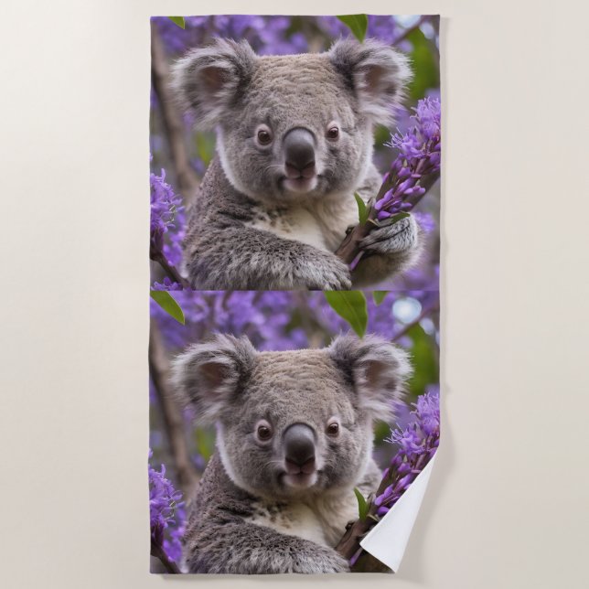 Purple Jacaranda Koala Bear, Beach Towel (Front)