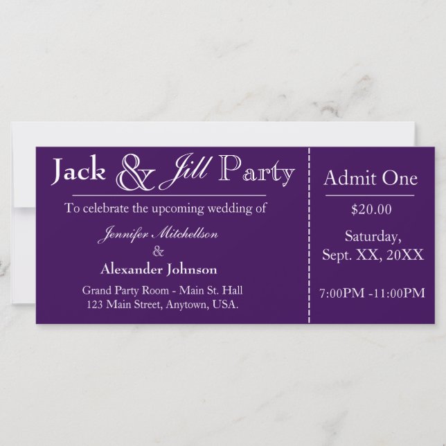 Purple Jack and Jill Shower Ticket Invitation (Front)