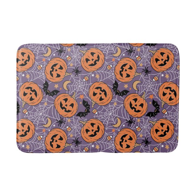 Purple Jack-O-Lantern Halloween Pattern Bath Mat (Front)