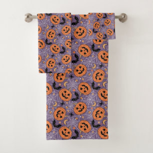 Purple Jack-O-Lantern Halloween Pattern Bath Towel Set
