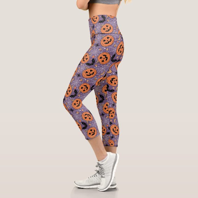 Purple Jack-O-Lantern Halloween Pattern Capri Leggings (Left)
