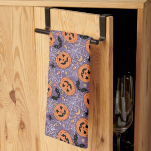 Purple Jack-O-Lantern Halloween Pattern Kitchen Towel