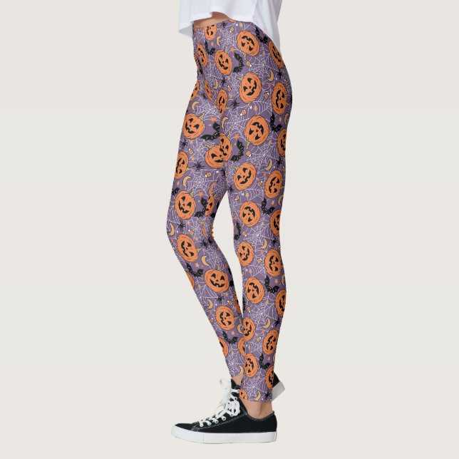 Purple Jack-O-Lantern Halloween Pattern Leggings (Left)