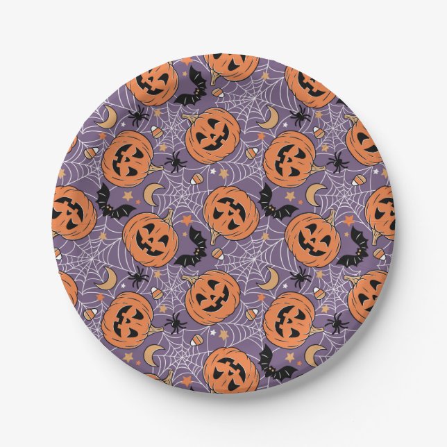 Purple Jack-O-Lantern Halloween Pattern Paper Plate (Front)
