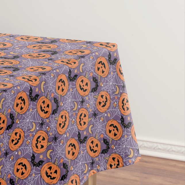 Purple Jack-O-Lantern Halloween Pattern Tablecloth (In Situ)