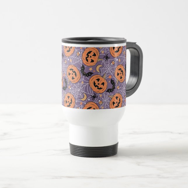 Purple Jack-O-Lantern Halloween Pattern Travel Mug (Front Right)
