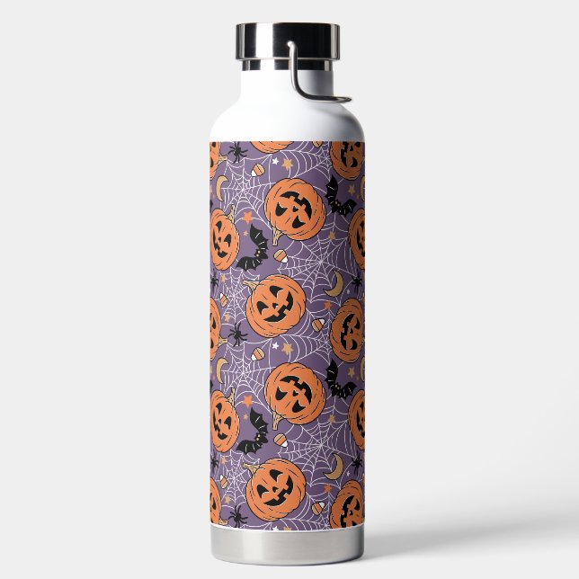Purple Jack-O-Lantern Halloween Pattern Water Bottle (Left)