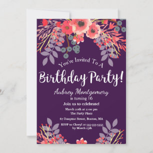Purple Jewel Tone Watercolor Flowers Birthday Invitation