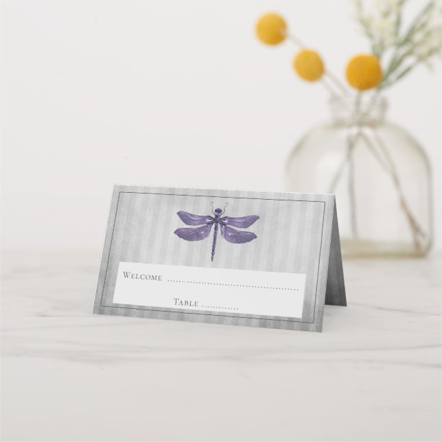Purple Jewelled Dragonfly Reception Place Card (Front)