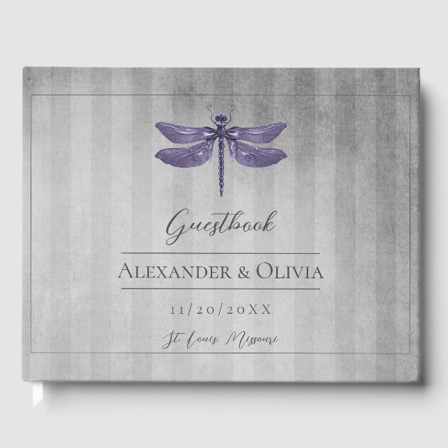 Purple Jewelled Dragonfly Wedding Guest Book (Front)