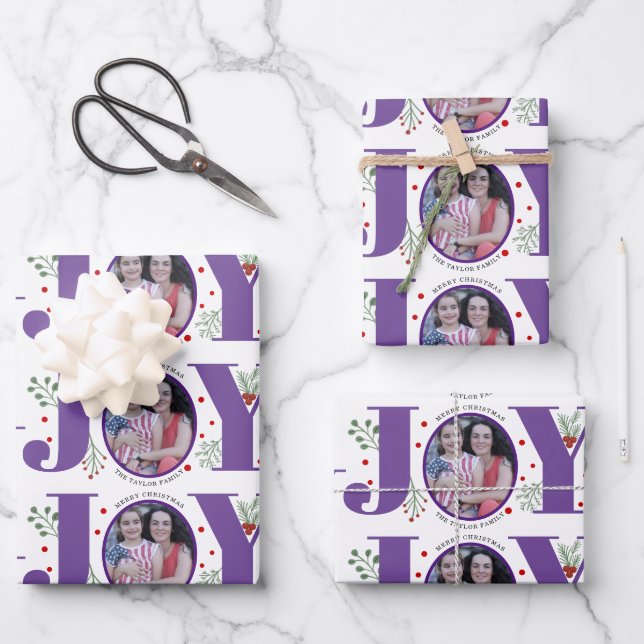 Purple Joy with berries Christmas holiday photo Wrapping Paper Sheet (Front)