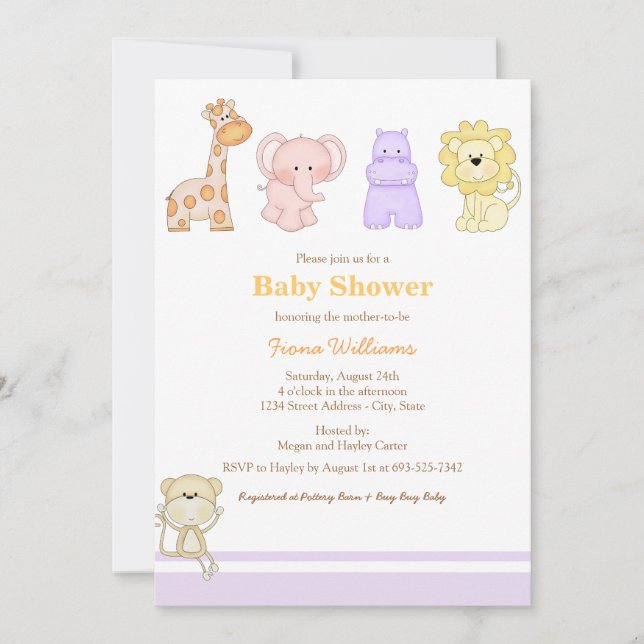 Purple Jungle Babies Baby Shower Invitation (Front)