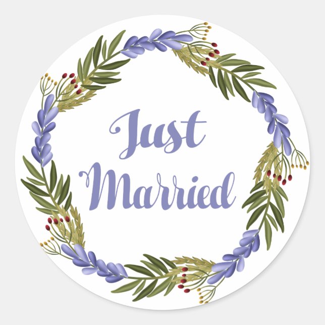 Purple Just Married Lavender Floral Wedding Classic Round Sticker (Front)