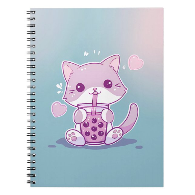 Purple Kawaii Cat Drinking Boba Tea Note Book (Front)