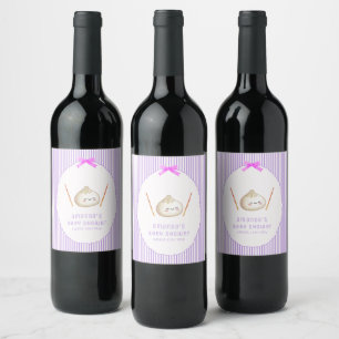 Purple Kawaii Girl Bow Asian Dumpling Baby Shower Wine Label