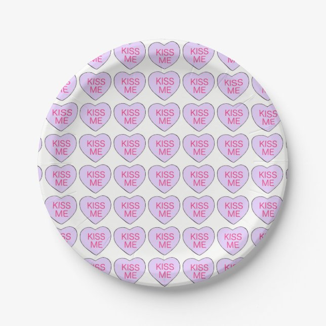 Purple KISS ME Candy Heart Pastel Valentine's Day Paper Plate (Front)