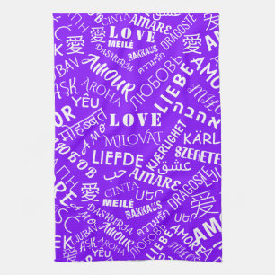 Purple Kitchen Towel with Multilingual Love Text