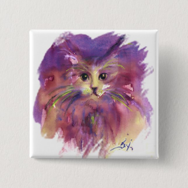 PURPLE KITTEN ,KITTY CAT PORTRAIT 2 INCH SQUARE BUTTON (Front)