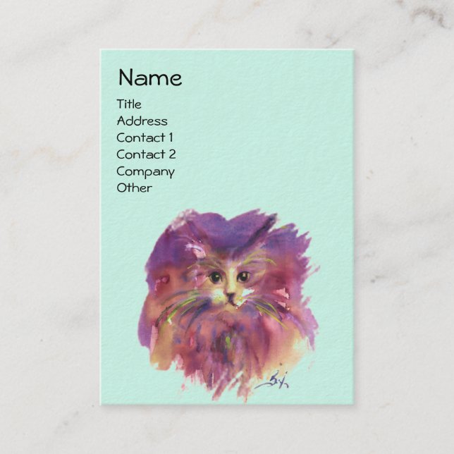 PURPLE KITTEN,KITTY CAT PORTRAIT,Teal Green Business Card (Front)