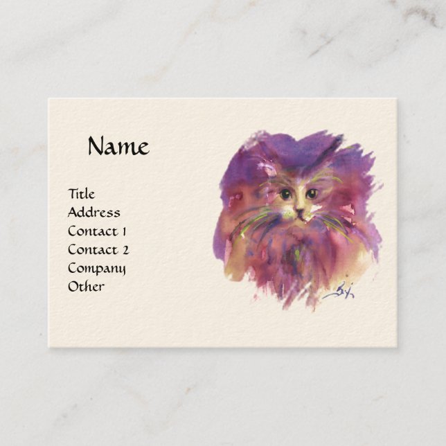 PURPLE KITTEN, KITTY CAT PORTRAIT ,White Cream Business Card (Front)