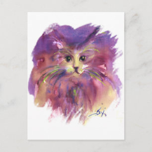 PURPLE KITTEN,KITTY CAT PORTRAIT WITH COLORFUL PAW POSTCARD