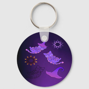 Purple Kittens with Witch Hats and Stars Keychain